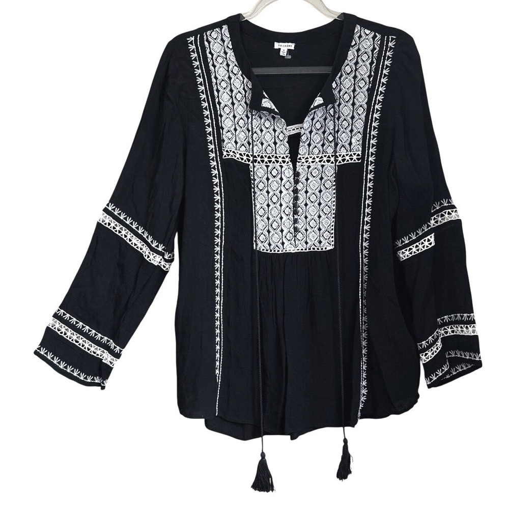 En Creme Black White Embroidered Tassel Peasant Shirt Small Fairy Goth Hippie